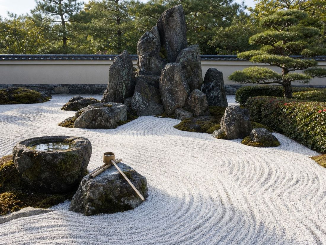 枯滝の石組と白砂、苔むしたつくばいのある枯山水式の庭