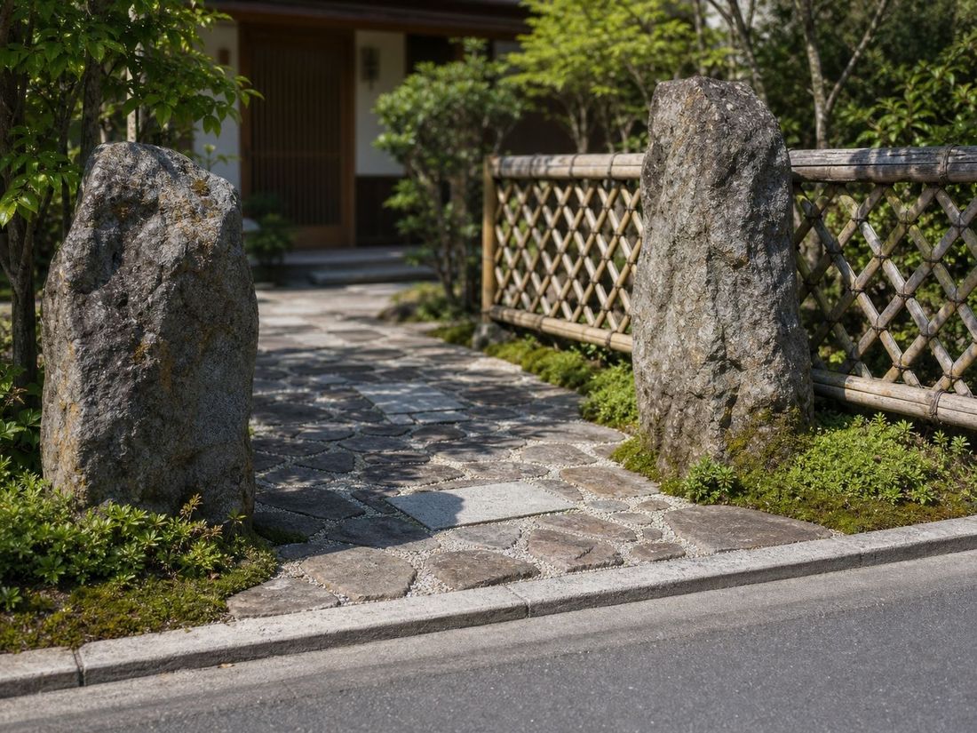 自然石の門柱と網代垣を組み合わせた玄関前のアプローチ