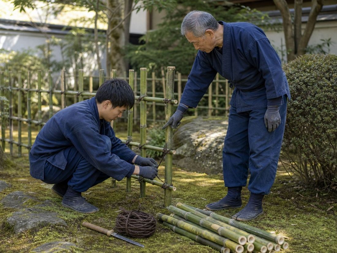 切り揃えた竹をシュロ縄で結びながら垣根を編んでいる職人