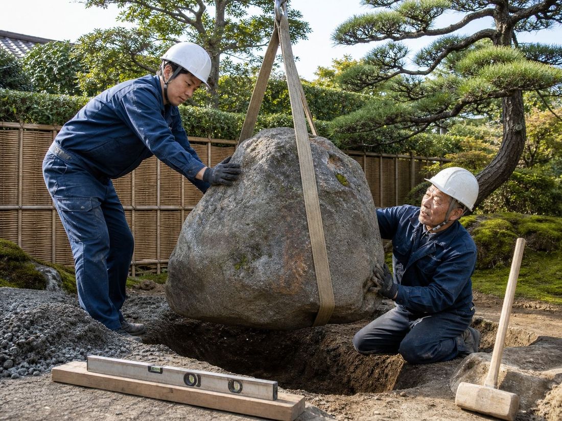 若手と熟練の職人が石の左右に手を添え、据える向きと角度を合わせている場面