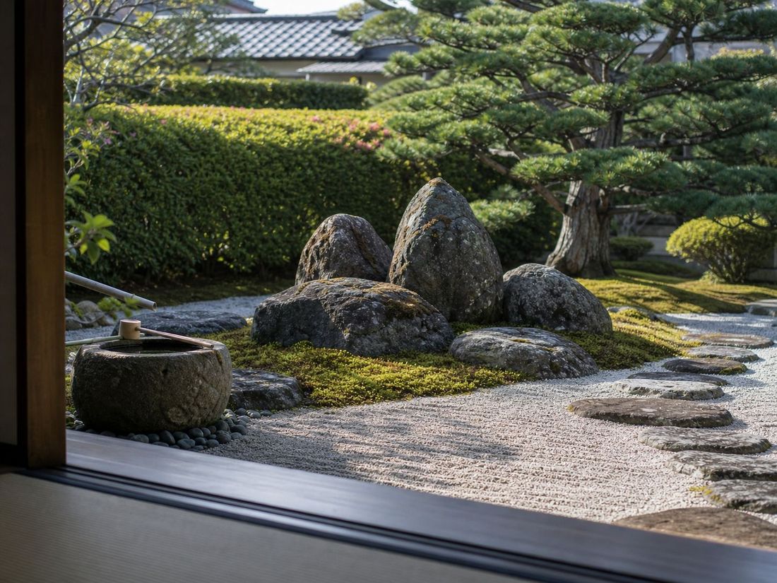 筑波石の石組と苔、飛石、黒松のある和風庭園