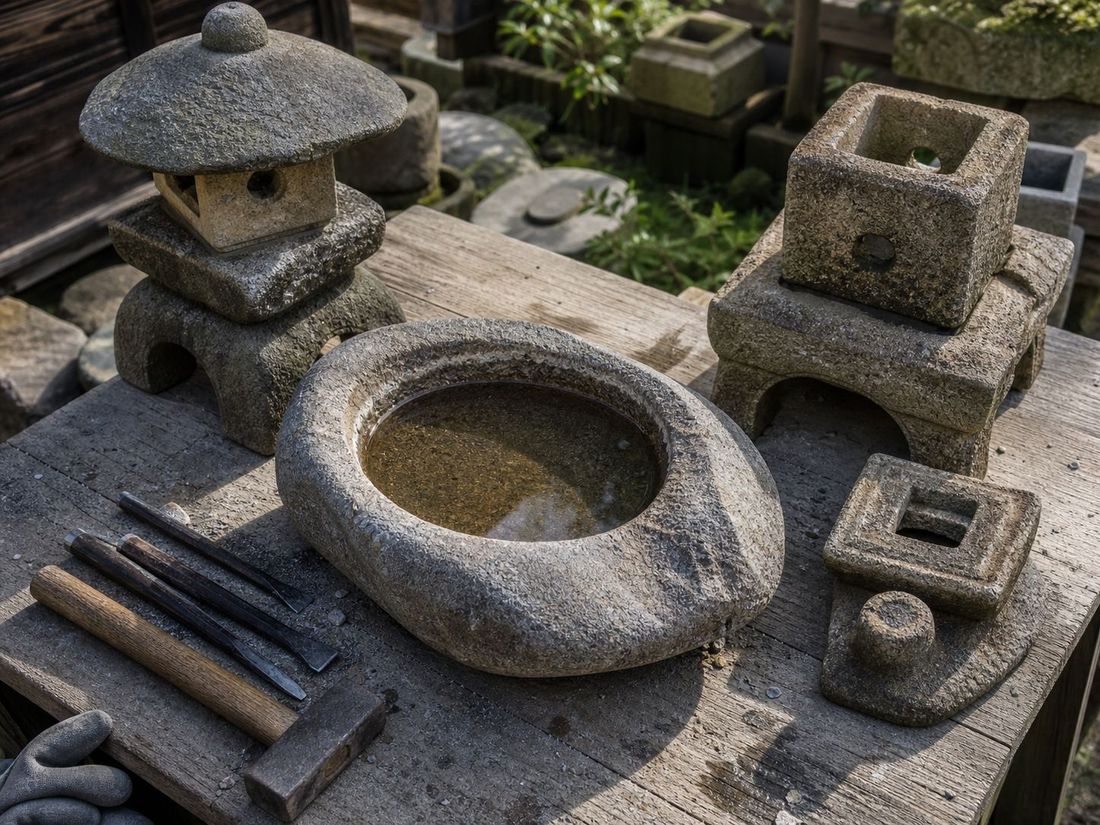 筑波石から削り出した水鉢と石の灯り、石工道具の並ぶ作業台