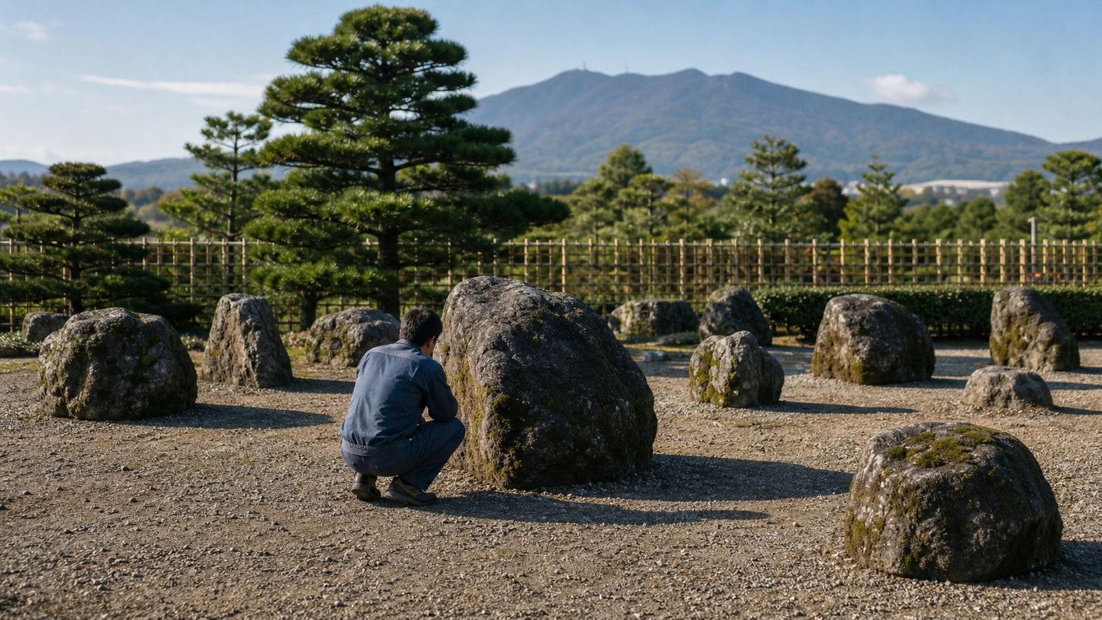 石置き場に並べられた筑波石を見て、庭に据える一石を選んでいるところ