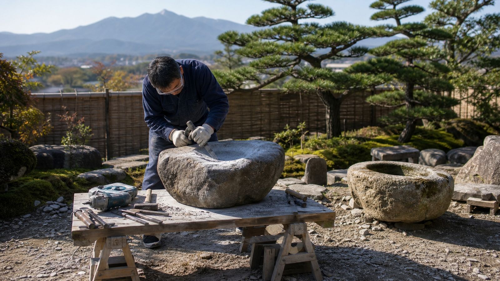 屋外の加工場でノミを使い、筑波石を水鉢に加工しているところ