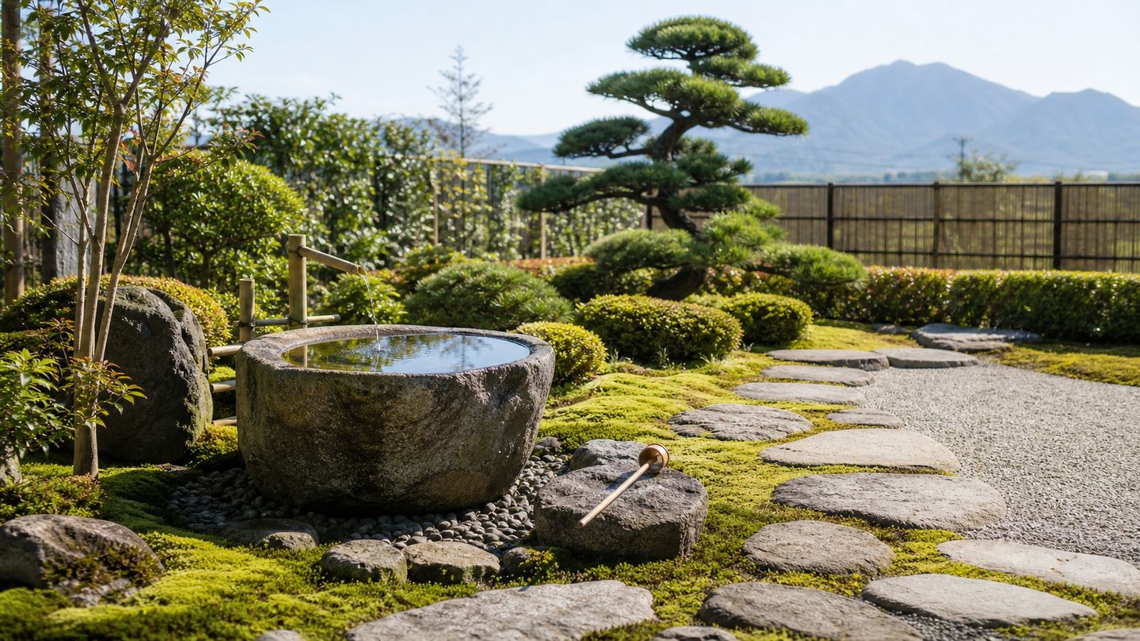 水鉢を中心に苔と飛石、黒松が整えられた完成後の和風庭園